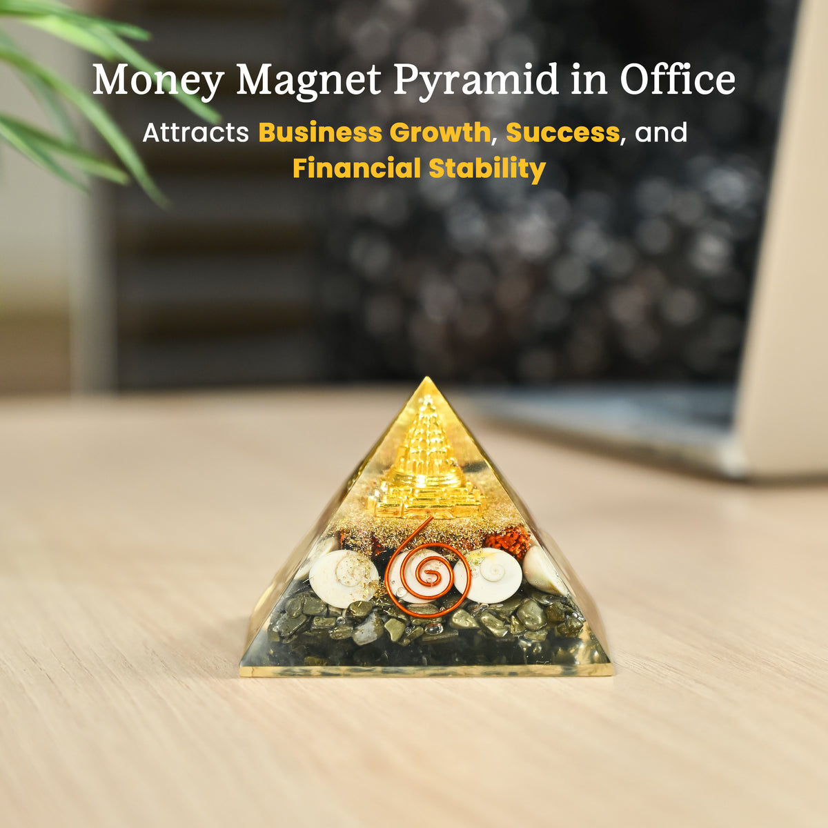 HindCraft Pyrite Money Magnet Orgonite Pyramid with Shree Yantra, Pyrite Chips, Gomti Chakra, Rudraksha and Copper Coil for Vastu Home Décor