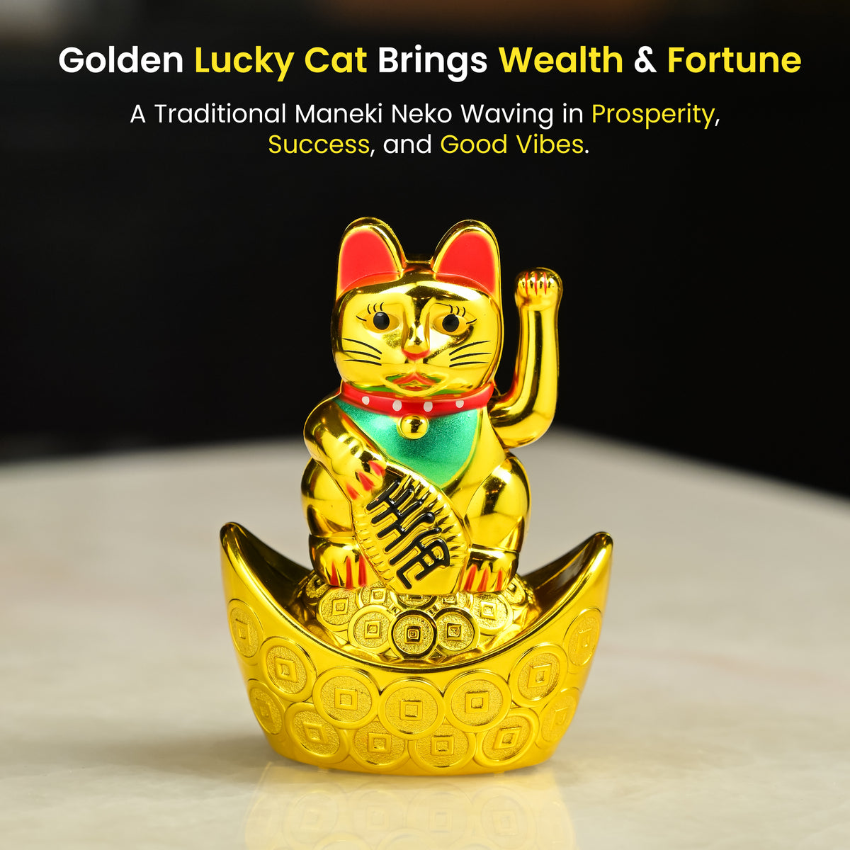 HindCraft Golden Lucky Waving Cat Showpiece, Feng Shui Money Cat Sitting on Gold Ingots, Wealth & Good Luck Decor, Lucky Cat Statue for Home, Office, Housewarming, Birthday & Valentine Gift