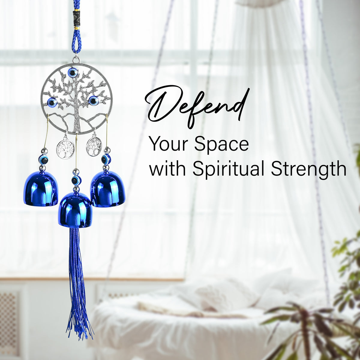 HindCraft Tree of Life Evil Eye Hanging with Blue Bells & Tassel | Turkish Nazar Wall & Door Decor