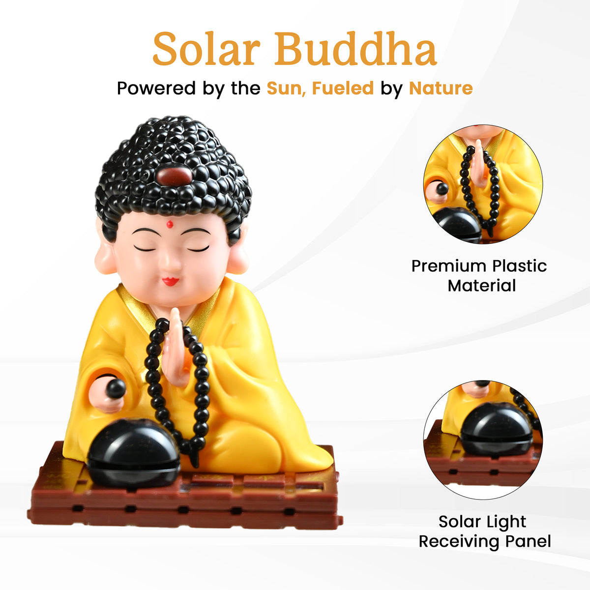 HindCraft Solar-Powered Yellow Meditating Monk Showpiece with Prayer Beads and Bell for Home, Office & Car Dashboard Décor