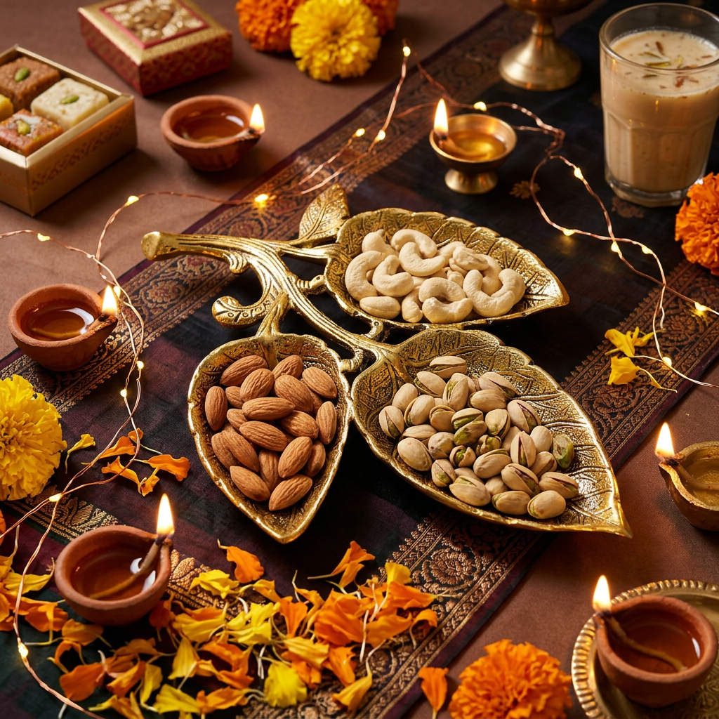 HindCraft 3 Leaf Gold-Finish Dry Fruit Serving Tray for Sweets, Nuts & Festive Gifting