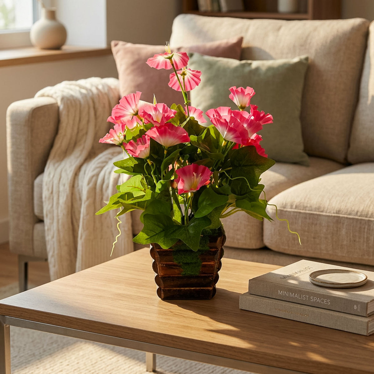 HindCraft Artificial Pink Flower Plant with Decorative Pot for Home Décor