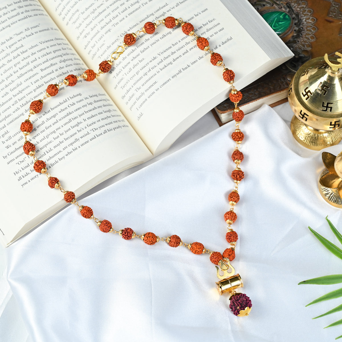 HindCraft Rudraksha Bead Neck Mala with Shiv Damru & Trishul Pendant for Men & Women