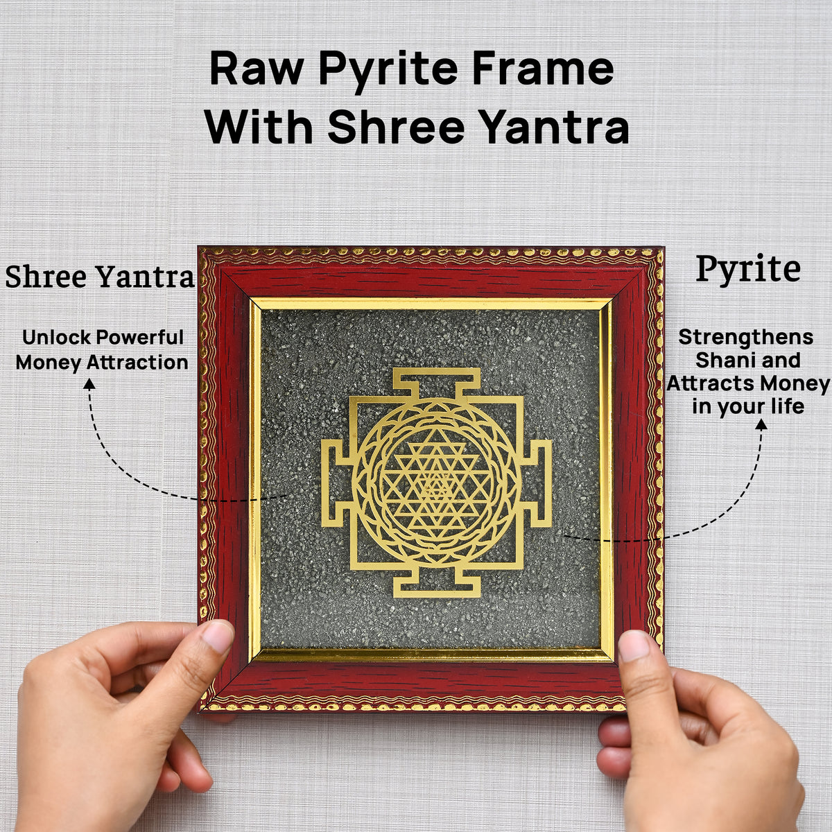 HindCraft Shree Yantra Frame with Raw Pyrite Stone for Wall & Table Décor 7.5×7.5 Inch