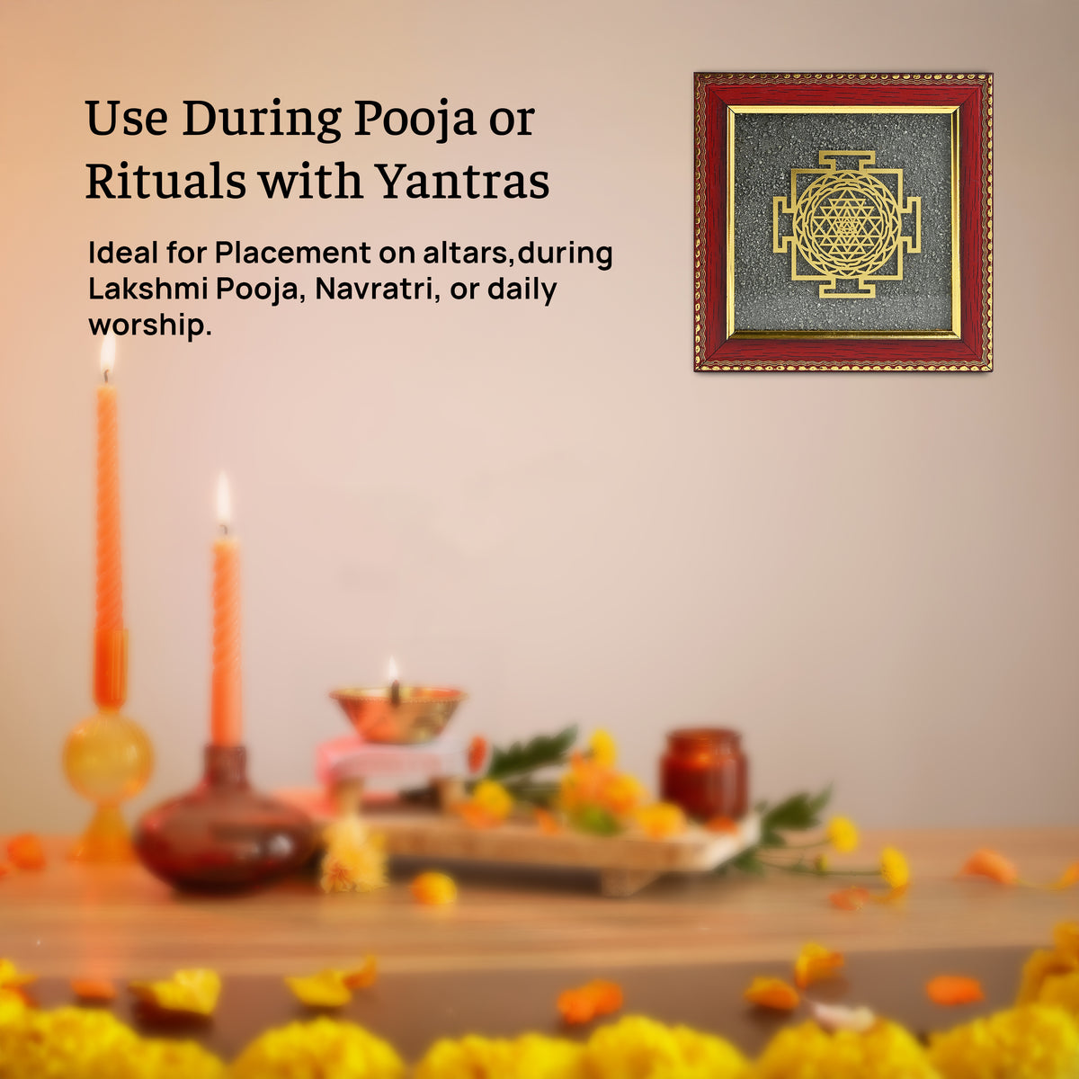 HindCraft Shree Yantra Frame with Raw Pyrite Stone for Wall & Table Décor 7.5×7.5 Inch