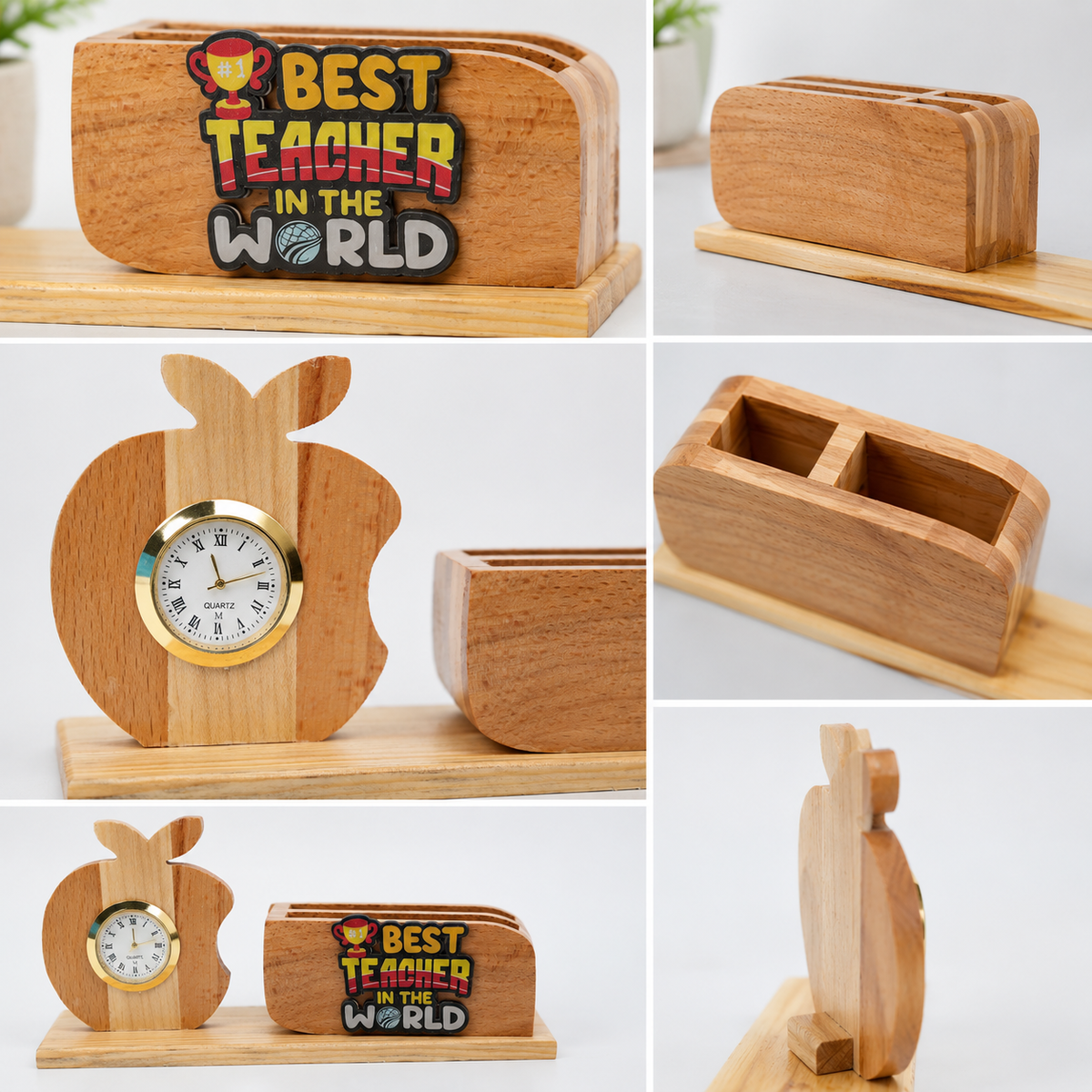 HindCraft Best Teacher Wooden Pen Stand with Apple Clock for Desk & Gifting