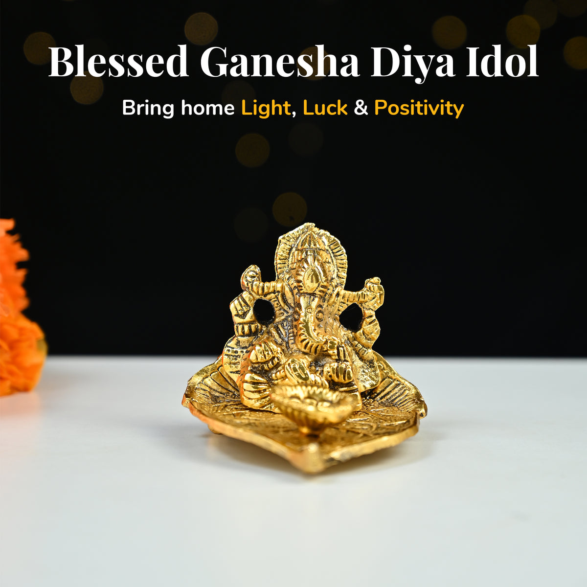HindCraft Metal Lord Ganesha Idol on Leaf with Diya for Home & Puja Décor