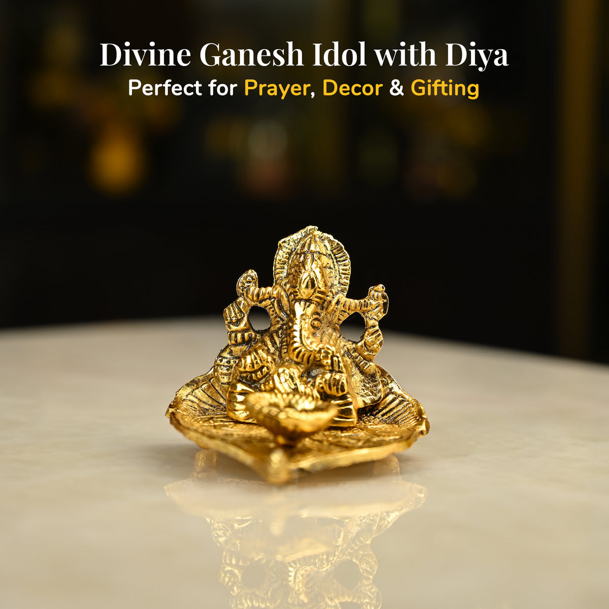 HindCraft Metal Lord Ganesha Idol on Leaf with Diya for Home & Puja Décor