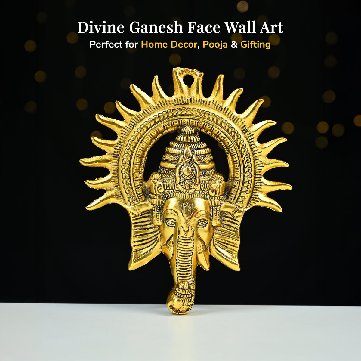 HindCraft Lord Ganesha Wall Hanging with Sun Design | Antique Gold Finish | Metal Wall Décor for Home Entrance, Temple & Office