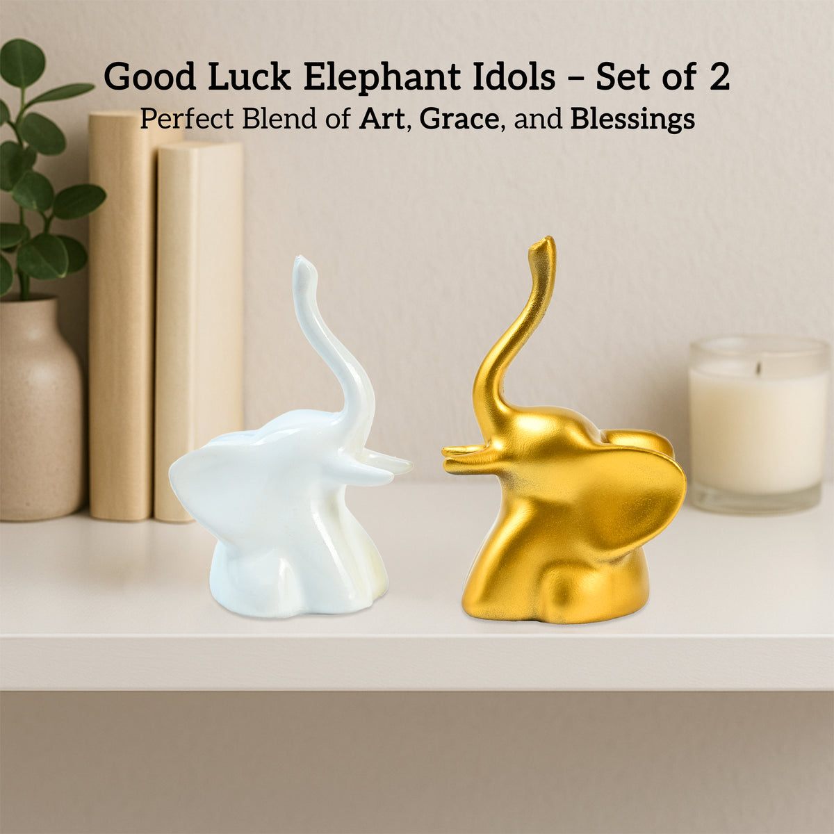 HindCraft Golden & White Elephant Showpiece Set for Home, Office & Table Décor