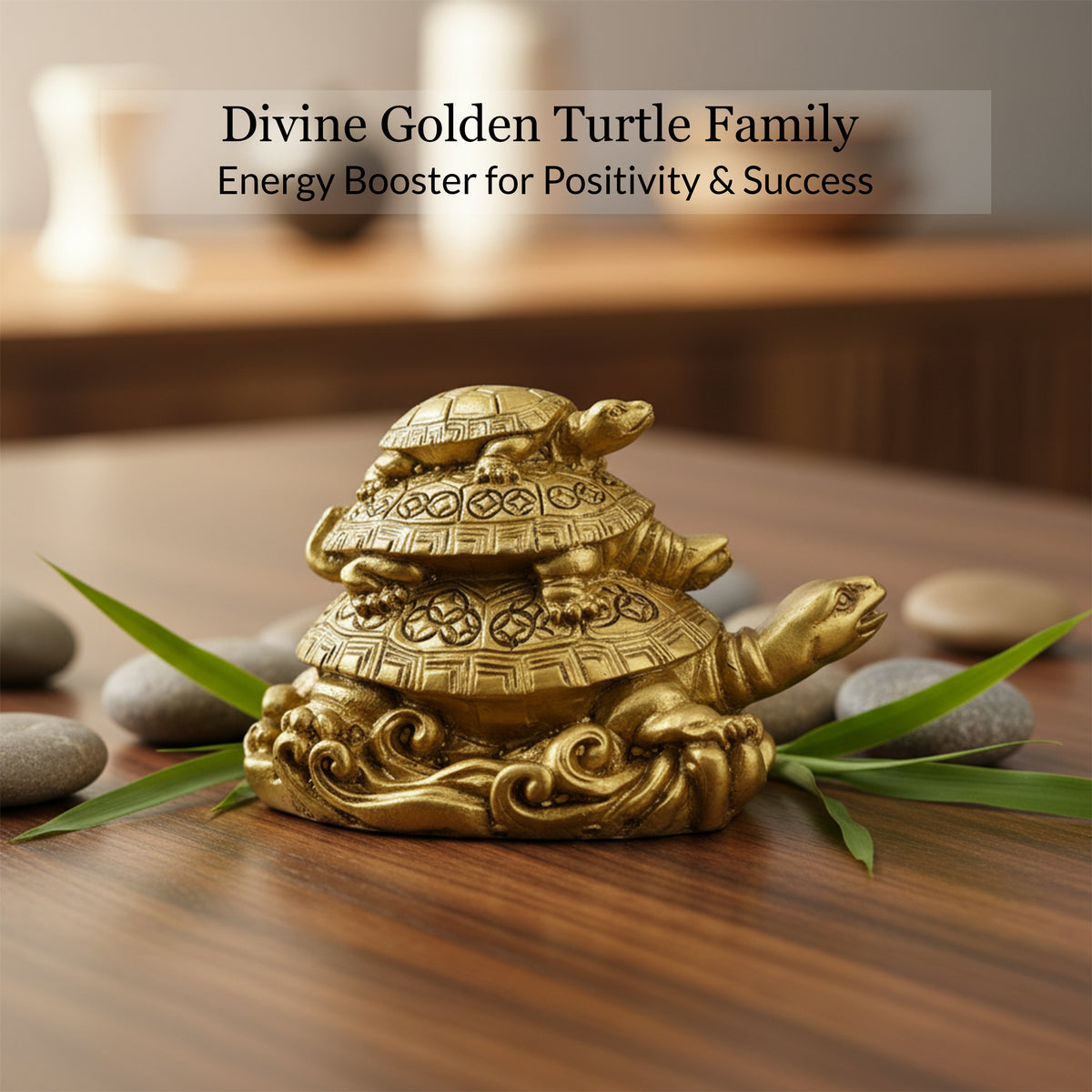 HindCraft Three Layer Golden Tortoise Family Showpiece for Home, Office Desk, Living Room & Table Décor