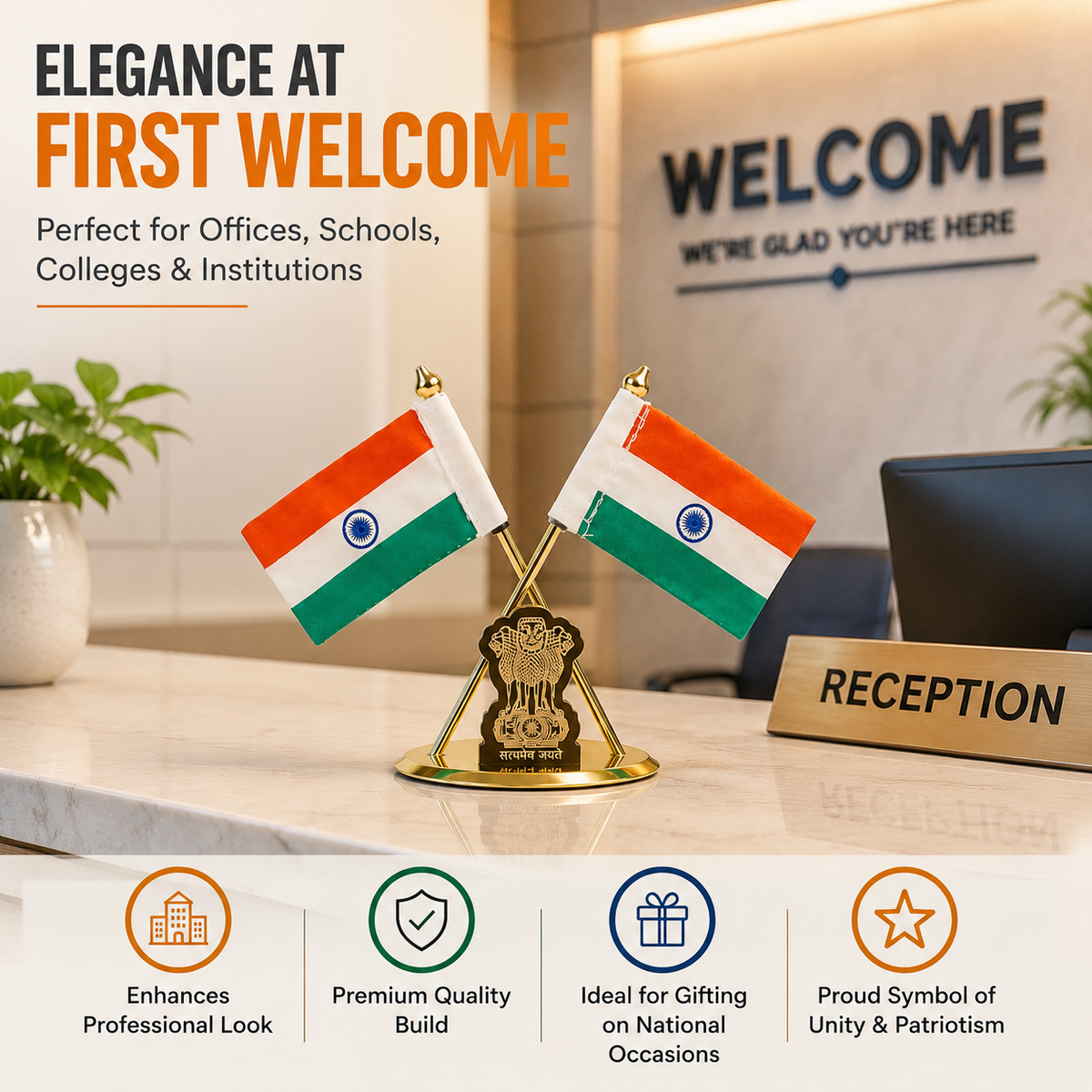 HindCraft Indian Flag Table Stand with Ashoka Pillar for Home & Office