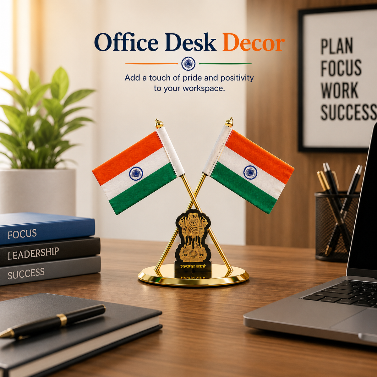 HindCraft Indian Flag Table Stand with Ashoka Pillar for Home & Office