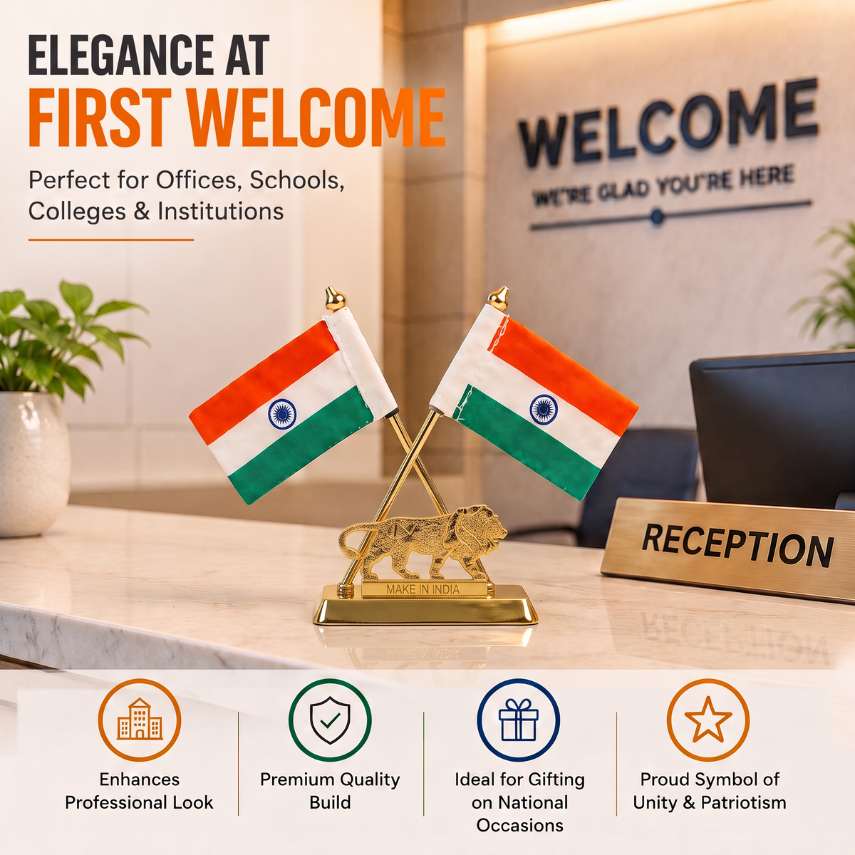 HindCraft Double Indian National Flag with Make in India Lion | Patriotic Table Top Showpiece for Office, Home & Reception
