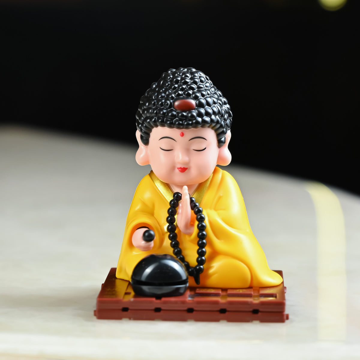 HindCraft Solar-Powered Yellow Meditating Monk Showpiece with Prayer Beads and Bell for Home, Office & Car Dashboard Décor