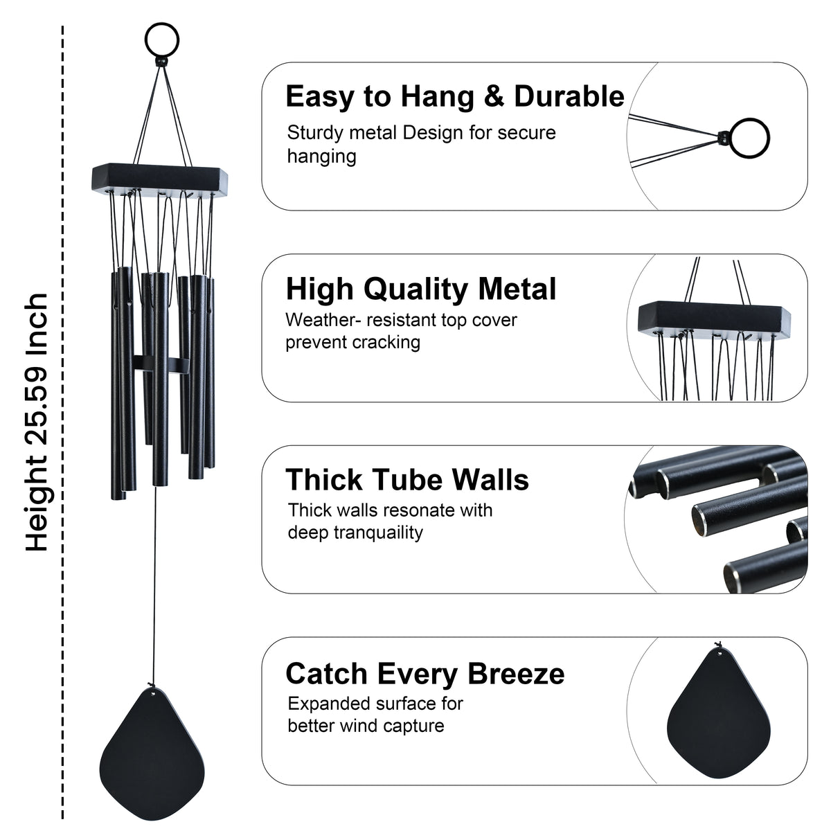 HindCraft Modern Black Wind Chime for Garden, Balcony & Patio Decor