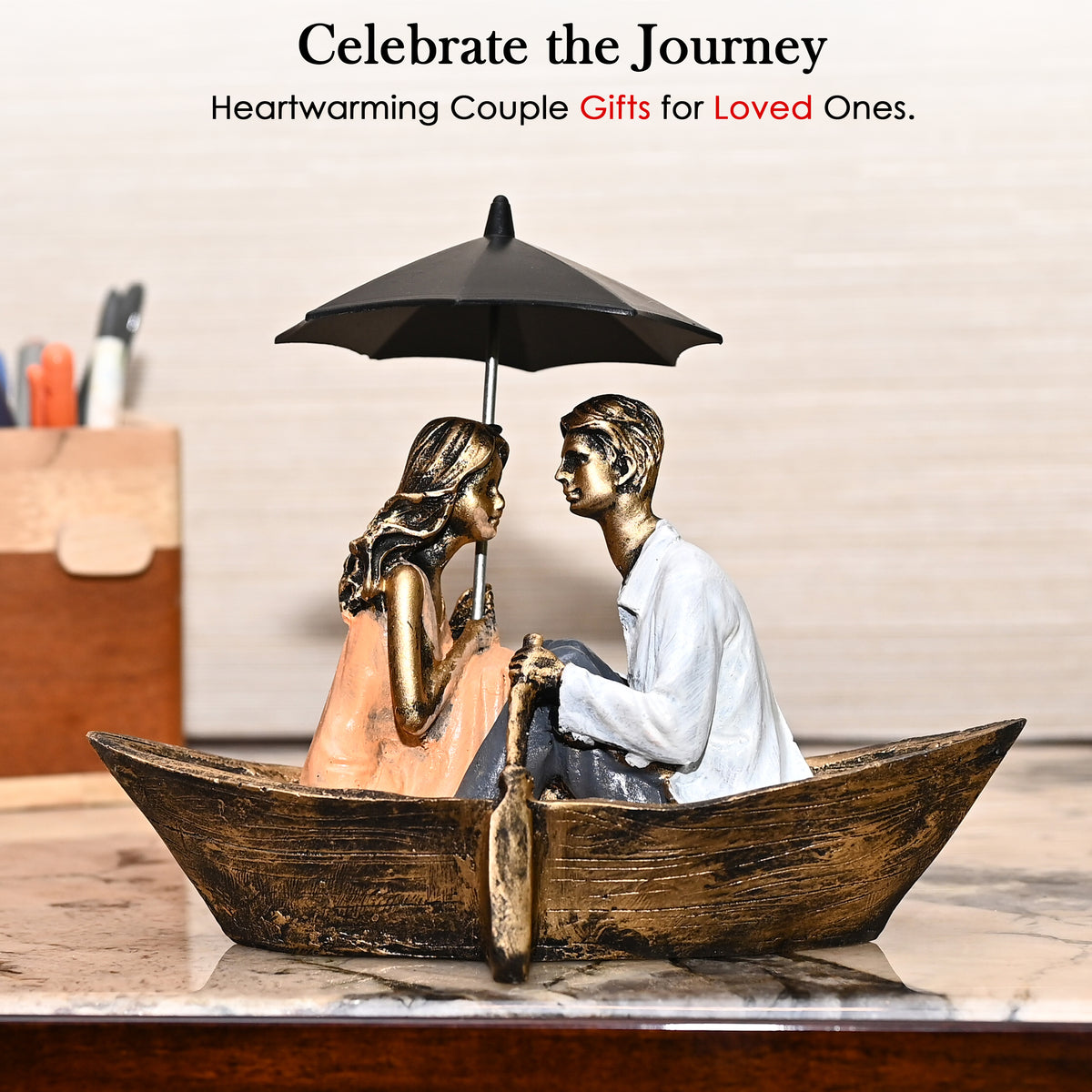 HindCraft Romantic Couple Boat Showpiece with Umbrella for Home, Living Room, Bedroom & Table Décor